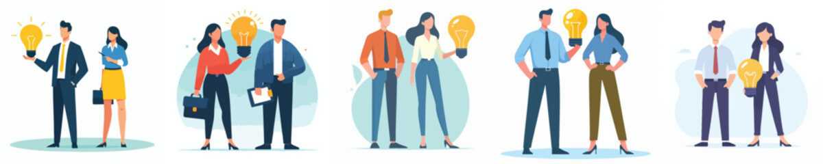 Flat Business People Holding Light Bulb Illustration – Teamwork and Innovation Concept