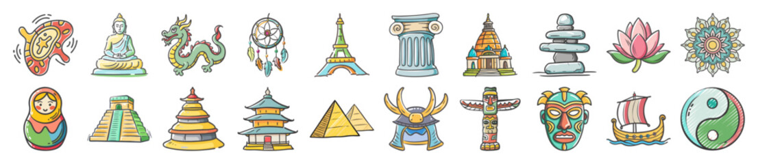 Hand drawn world culture and heritage icons collection - Set of colorful hand drawn cultural icons representing global heritage, traditions, landmarks, mythology, spirituality, and famous architectura