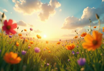 Obraz premium vibrant wildflowers sunlit meadow colorful flora natural beauty lush grass dreamy landscape spring essence, sunlight, nature, field, vibrancy, bloom