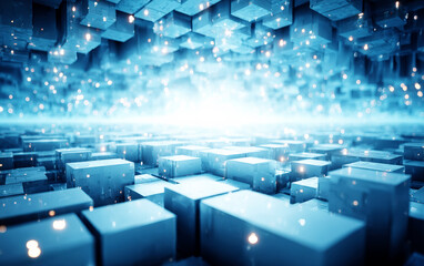 Fototapeta premium Abstract Blue Hexagonal Cubes with Bright Glowing Effects