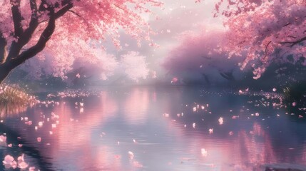 Vibrant Cherry Blossom Trees Along Reflective River with Petals Floating on Water Surface in Spring
