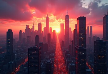 Fototapeta premium vivid city skyline sunset colorful urban landscape dreamy horizon vibrant skyline glow twilight illumination, dusk, building, architecture, reflection, cityscape