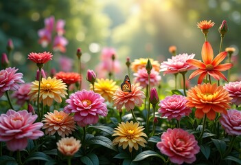 Fototapeta premium vibrant garden showcase abundant plant diversity blooming colors natural arrangements flourishing flora seasonal beauty, flower, shrub, leaf, stem, petal