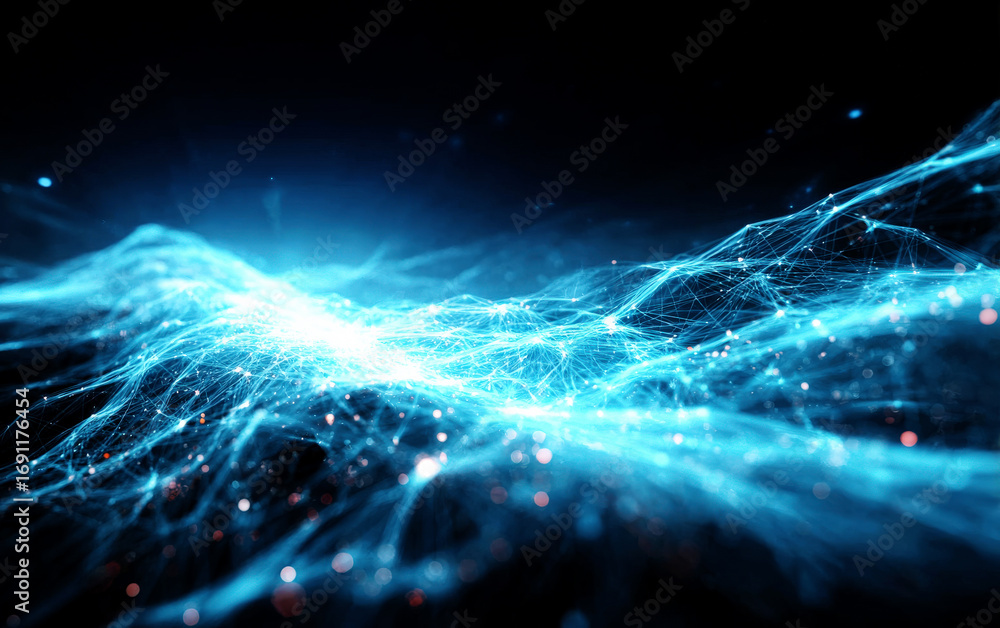 Poster abstract blue digital network with flowing lines and dots