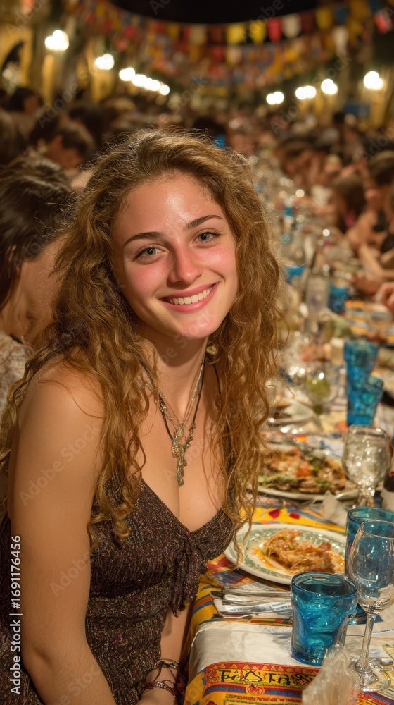Poster a woman is smiling at the camera while sitting at a table with a group of people. the table is set w