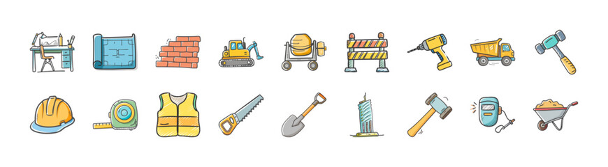 Hand drawn construction tools and building equipment icons - Collection of colorful hand drawn construction and building icons featuring tools, vehicles, safety gear, materials, and heavy machinery.