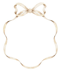 Watercolor golden or neutral ribbon frame with bow. Elegant neutral border for invitations, greeting cards, scrapbooking, wedding design, unisex baby shower, and decorative stationery