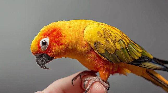 Colorful parrot with yellow and orange feathers perched human hand and finger, detailed plumage, green wing tips, exotic tropical bird, friendly pet animal, vibrant feathered companion, calm