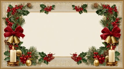 Ornate christmas frame with holly leaves and red accents for festive decor and greeting card design