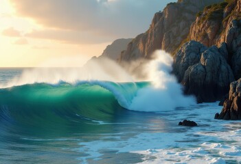 Fototapeta premium vibrant ocean waves crashing majestic rocky cliffs breathtaking coastal landscape, sea, surf, foam, shore, storm, scenic, horizon, texture, nature, wild