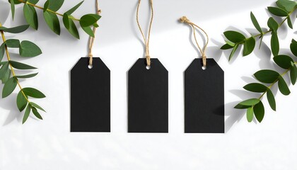 Blank black gift tags with greenery on a white background for holiday decorations