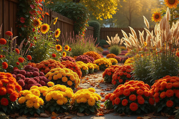A photorealistic garden scene in early autumn, filled with flowers in radiant seasonal colors. Rows of chrysanthemums in fiery orange, golden yellow, and burgundy spread across the foreground, their p