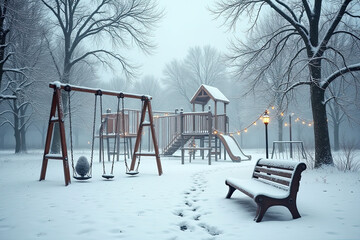 A quiet playground in winter, captured with photorealistic clarity and cinematic atmosphere. Snow covers the swings, slides, and climbing structures, softening their shapes into gentle mounds of white