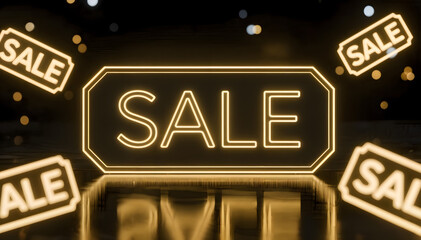 Obraz premium A digital image of a large, glowing golden sign with the word 'SALE' in the center.
