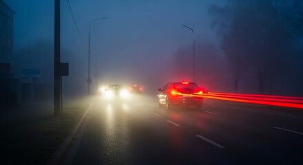 Misty Night Drive on a Foggy Road with Car Lights Trails