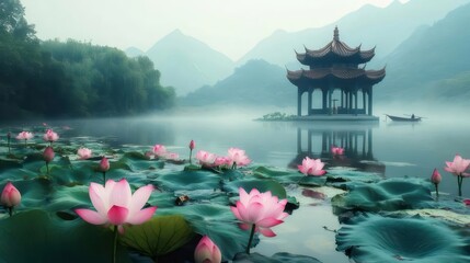 静かな湖の蓮の花と東屋と山々の風景 穏やかな霧の朝の自然