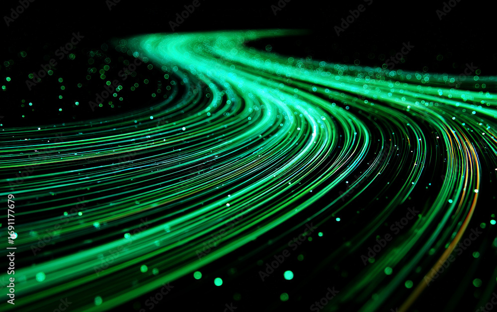 Poster green glowing abstract lines forming dynamic patterns