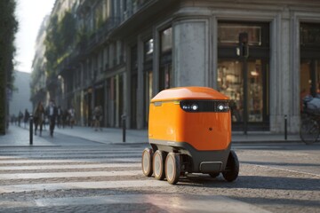 Fototapeta premium A bright orange delivery robot moves along a crosswalk in a bustling city. Pedestrians walk nearby, highlighting the robots role in urban logistics