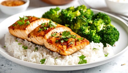 Plated salmon, rice, and broccoli