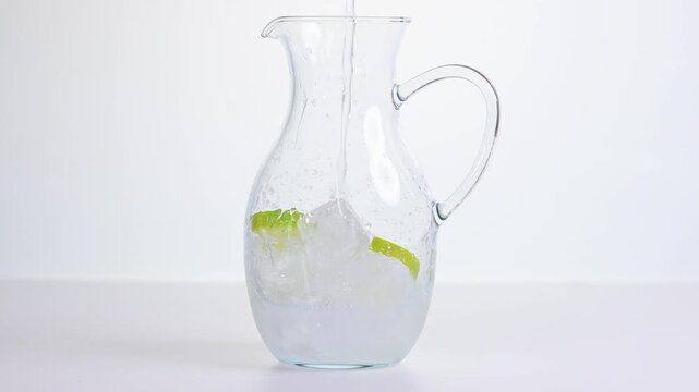 Glaskaraffe mit Mineralwasser und Limonenscheibe und Eisw&uuml;rfeln