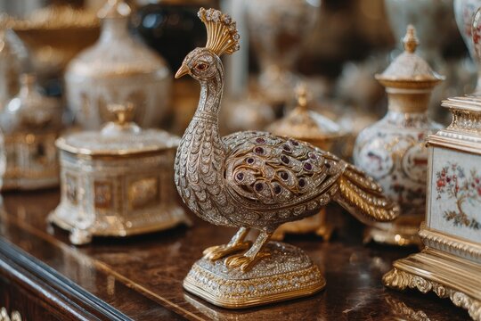 Ornate peacock figurine on a wooden table