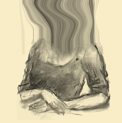Surreal Ink Drawing of a Faceless Woman with Distorted Head Flowing into Abstract Lines