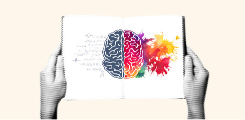 Hands Holding an Open Book with Watercolor Brain Illustration Symbolizing Knowledge, Creativity, Psychology