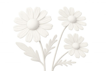 Three white 3d daisies blooming on a transparent background, creating a clean and modern floral arrangement