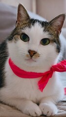 A fluffy white grey cat with green eyes and a pink bow