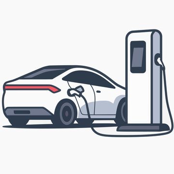 Vector Illustration of Electric Car Charging at Modern EV Station
