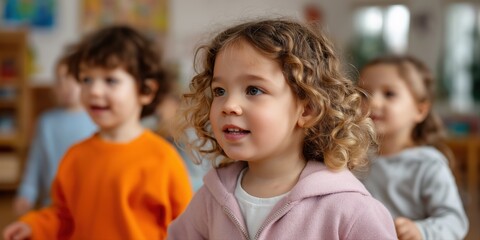 Obraz premium Happy caucasian children learning and playing in a nursery classroom