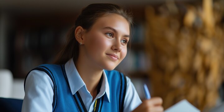 Young caucasian female student studying in a blue uniform at library desk