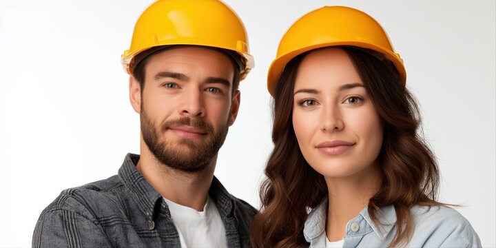 Young caucasian male and female construction workers with yellow hard hats - Powered by Adobe