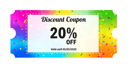 Rainbow-Colored Discount Coupon with 20% Off Text