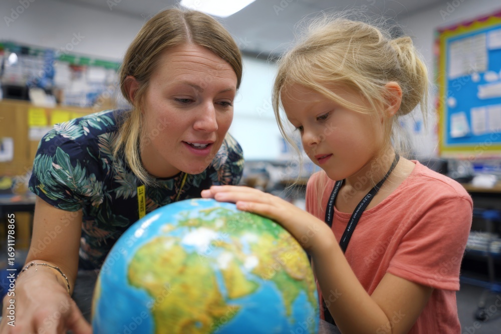 Poster teacher and student share an interactive learning experience in a classroom, studying a globe togeth