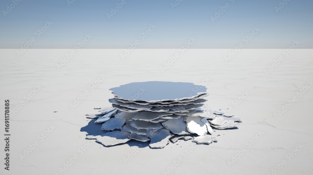 Poster a pile of broken ice shards in the middle of a frozen lake.