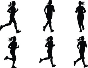 Silhouette running woman sequence, athletic female jogger motion stages, sports biomechanics, fitness training, marathon runner stride cycle, vector illustration for health and exercise concepts