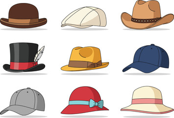 Various hat styles, bowler, flat cap, cowboy, top hat, fedora, baseball cap, cloche, sun hat, fashion headwear, CAD drawing flat vector illustration
