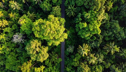 Naklejka premium Lush Green Rainforest Canopy Aerial View Road Through Jungle.