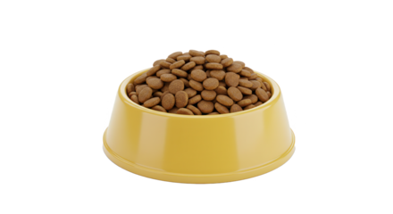 Dog food in yellow bowl isolated on transparent background