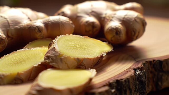 Sliced Ginger Root on Wooden Surface Displays Golden Interior in Warm Lighting