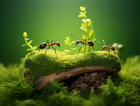 Macro illustration of ants walking on green moss and grass in a tropical forest, symbolizing teamwork, survival, and harmony with nature.