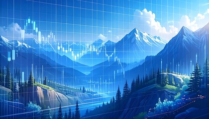 Mountain landscape, financial chart overlay
