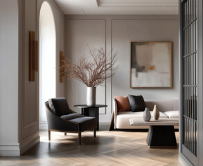 Aesthetic beautiful elegant  modern luxury interior design. Clear mock up empty wall for decoration in the apartment, painting frame. Copy space in the room.