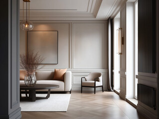 Aesthetic beautiful elegant  modern luxury interior design. Clear mock up empty wall for decoration in the apartment, painting frame. Copy space in the room.