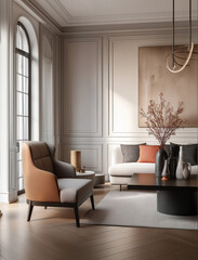 Aesthetic beautiful elegant  modern luxury interior design. Clear mock up empty wall for decoration in the apartment, painting frame. Copy space in the room.