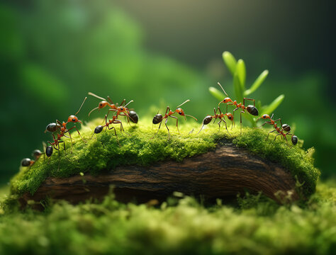 Macro illustration of ants walking on green moss and grass in a tropical forest, symbolizing teamwork, survival, and harmony with nature.