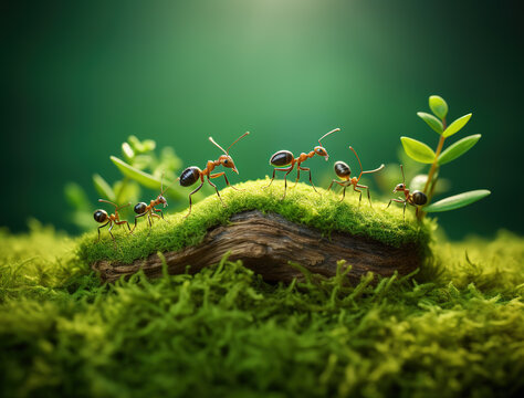 Macro illustration of ants walking on green moss and grass in a tropical forest, symbolizing teamwork, survival, and harmony with nature.
