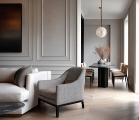 Aesthetic beautiful elegant  modern luxury interior design. Clear mock up empty wall for decoration in the apartment, painting frame. Copy space in the room.