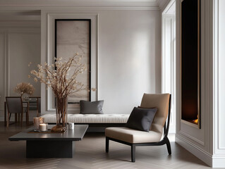 Aesthetic beautiful elegant  modern luxury interior design. Clear mock up empty wall for decoration in the apartment, painting frame. Copy space in the room.
